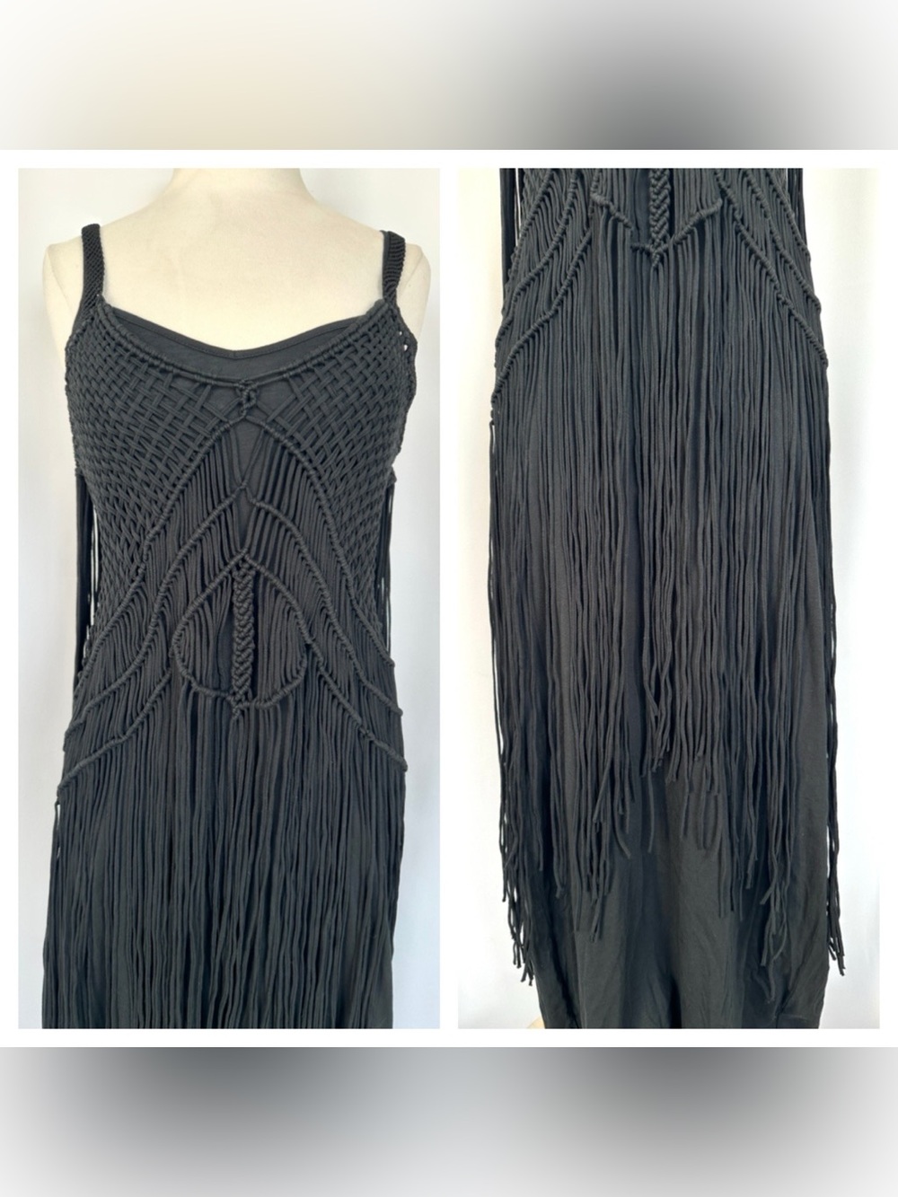 RALPH LAUREN DENIM & SUPPLY BLACK CROCHET OVERLAY LONG FRINGE BOHO MAXI DRESS M - Picture 9 of 14
